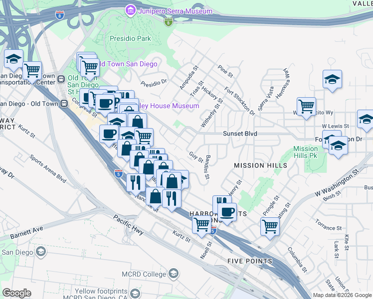 map of restaurants, bars, coffee shops, grocery stores, and more near 2166 Linwood Street in San Diego
