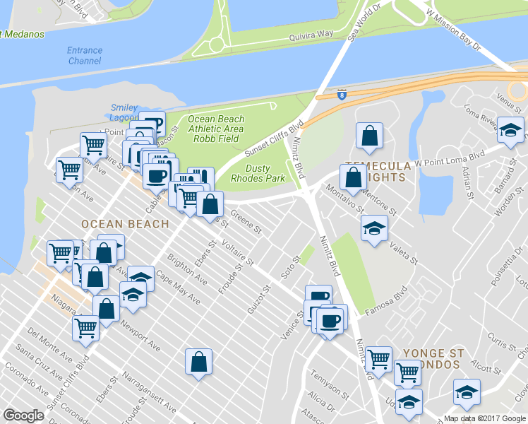 map of restaurants, bars, coffee shops, grocery stores, and more near 4621 Larkspur Street in San Diego