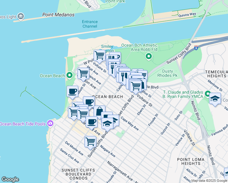 map of restaurants, bars, coffee shops, grocery stores, and more near 2121 Cable Street in San Diego