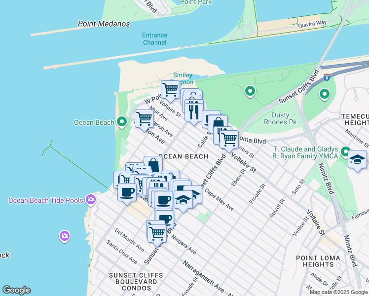 map of restaurants, bars, coffee shops, grocery stores, and more near in San Diego