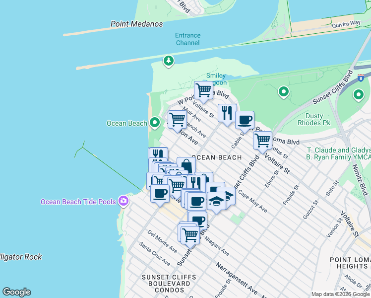 map of restaurants, bars, coffee shops, grocery stores, and more near 5004 Cape May Avenue in San Diego