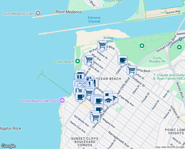 map of restaurants, bars, coffee shops, grocery stores, and more near 5060 Saratoga Avenue in San Diego
