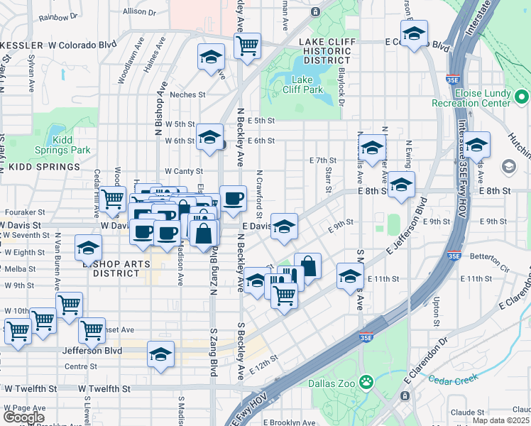 map of restaurants, bars, coffee shops, grocery stores, and more near 152 East Davis Street in Dallas
