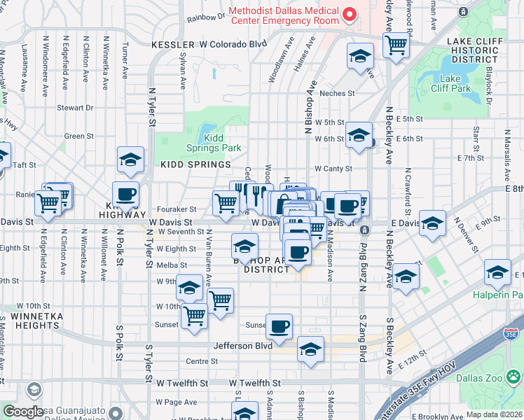 map of restaurants, bars, coffee shops, grocery stores, and more near 517 West Davis Street in Dallas
