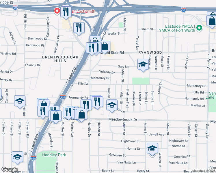 map of restaurants, bars, coffee shops, grocery stores, and more near 6713 Yosemite Drive in Fort Worth