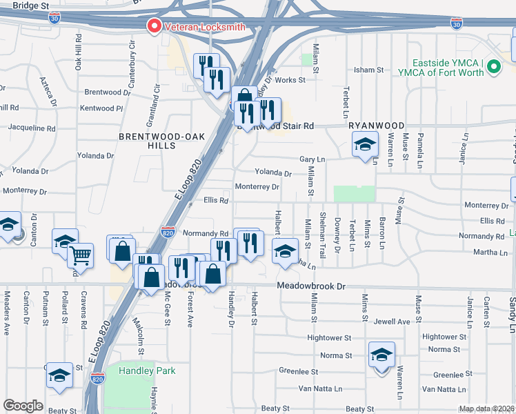 map of restaurants, bars, coffee shops, grocery stores, and more near 6621 Yosemite Drive in Fort Worth