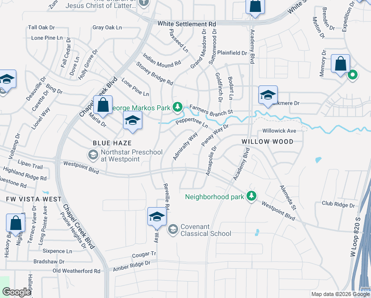 map of restaurants, bars, coffee shops, grocery stores, and more near 750 Tumbleweed Court in Fort Worth