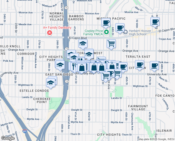 map of restaurants, bars, coffee shops, grocery stores, and more near in San Diego