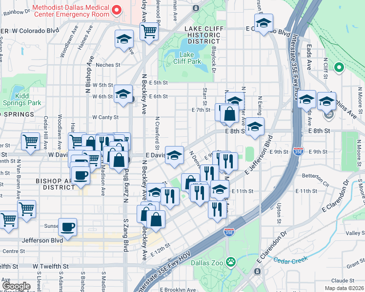 map of restaurants, bars, coffee shops, grocery stores, and more near 321 East 8th Street in Dallas