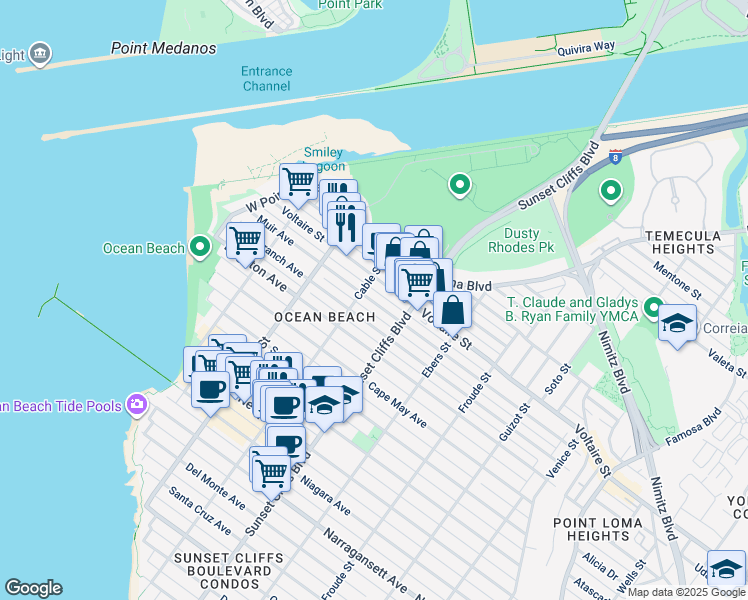 map of restaurants, bars, coffee shops, grocery stores, and more near 4870 Muir Avenue in San Diego