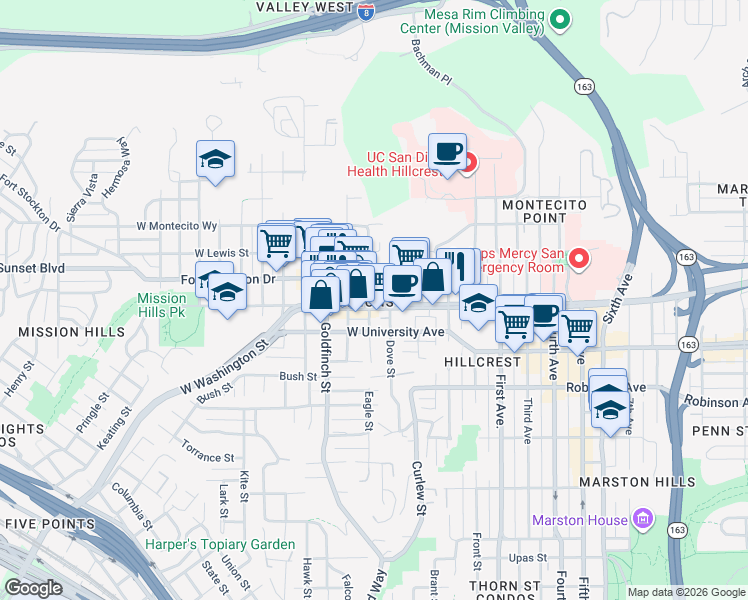 map of restaurants, bars, coffee shops, grocery stores, and more near 630 West Washington Street in San Diego