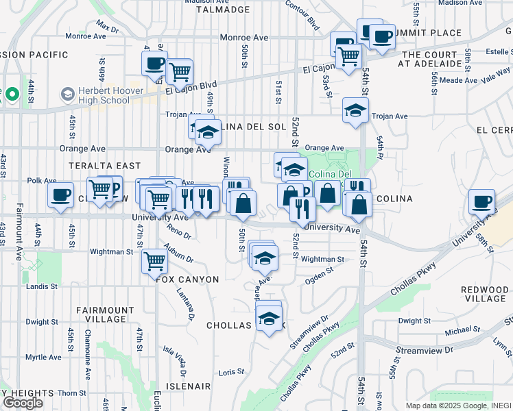 map of restaurants, bars, coffee shops, grocery stores, and more near 4013 Oakcrest Drive in San Diego