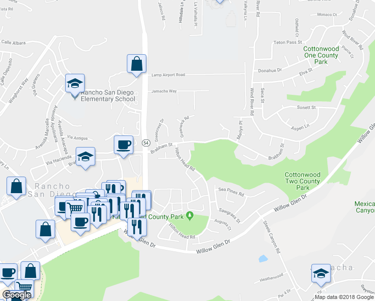 map of restaurants, bars, coffee shops, grocery stores, and more near 1627 Woodrun Place in El Cajon