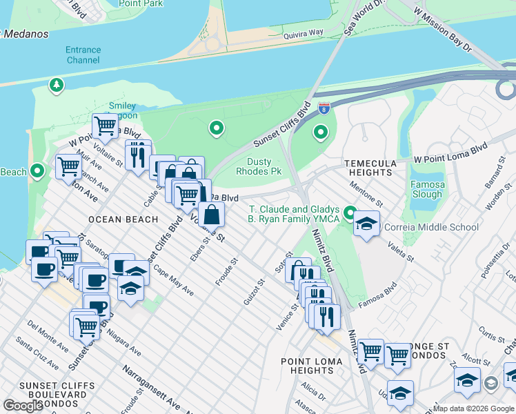 map of restaurants, bars, coffee shops, grocery stores, and more near 4621 Larkspur Street in San Diego