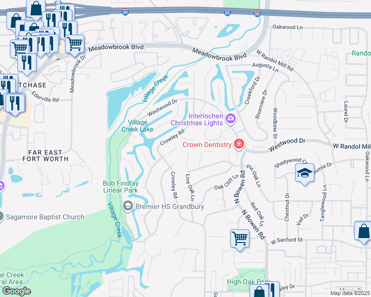 map of restaurants, bars, coffee shops, grocery stores, and more near 1014 Live Oak Lane in Arlington