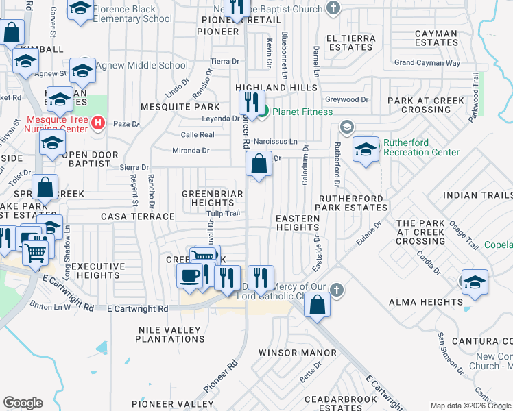 map of restaurants, bars, coffee shops, grocery stores, and more near 1134 Tulip Trail in Mesquite