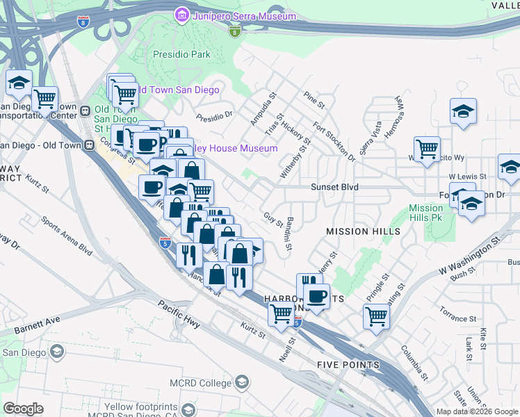 map of restaurants, bars, coffee shops, grocery stores, and more near 2166 Linwood Street in San Diego