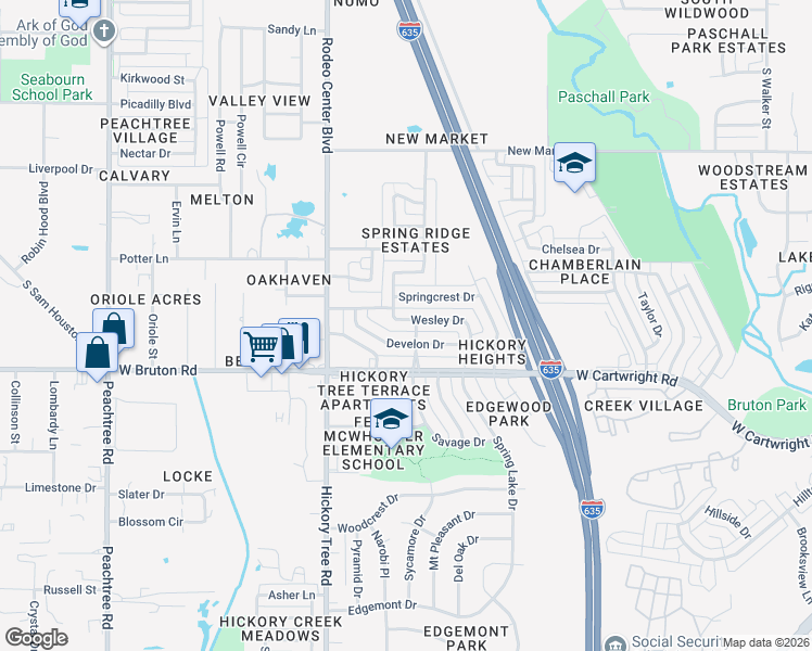 map of restaurants, bars, coffee shops, grocery stores, and more near 1600 Wesley Drive in Mesquite