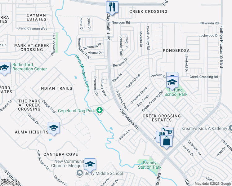map of restaurants, bars, coffee shops, grocery stores, and more near 1309 Williams Creek in Mesquite