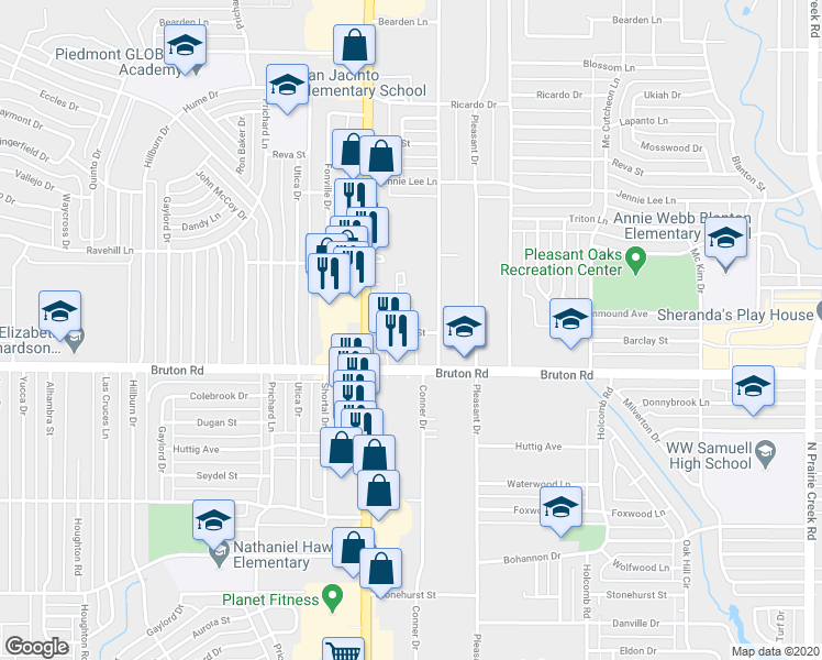 map of restaurants, bars, coffee shops, grocery stores, and more near 8157 Barclay Street in Dallas