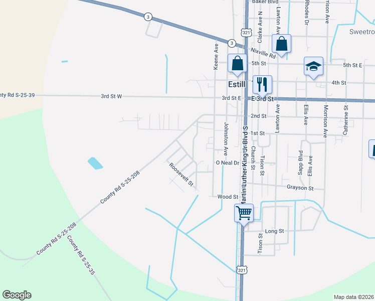 map of restaurants, bars, coffee shops, grocery stores, and more near 3114 Washington Street in Estill