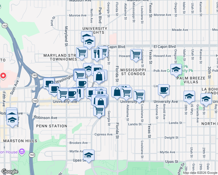 map of restaurants, bars, coffee shops, grocery stores, and more near Georgia Street in San Diego