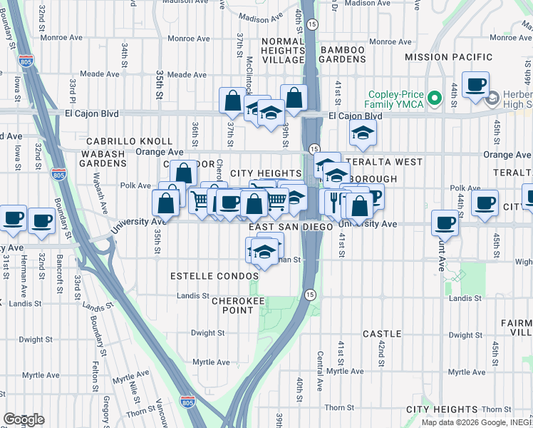 map of restaurants, bars, coffee shops, grocery stores, and more near 3820 University Avenue in San Diego