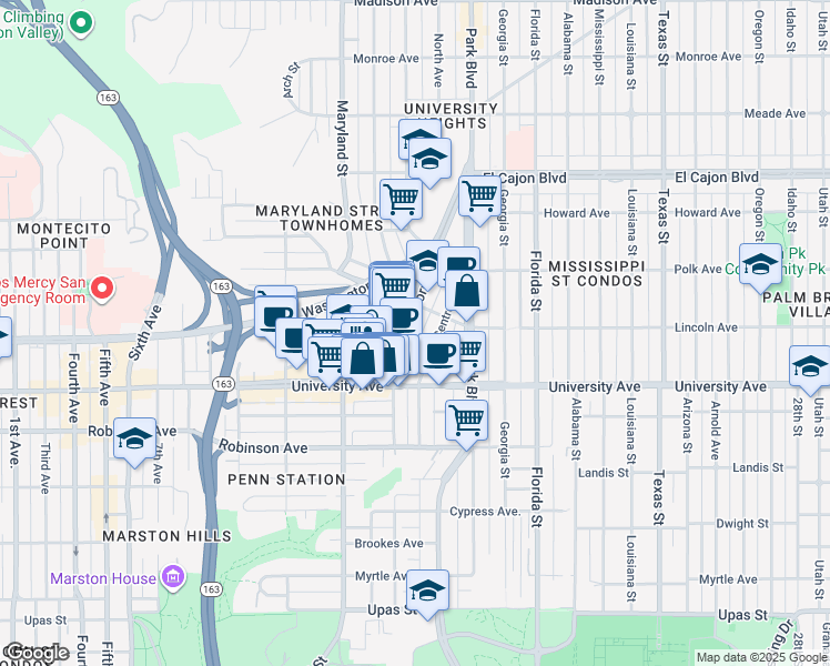 map of restaurants, bars, coffee shops, grocery stores, and more near 3914 Centre Street in San Diego