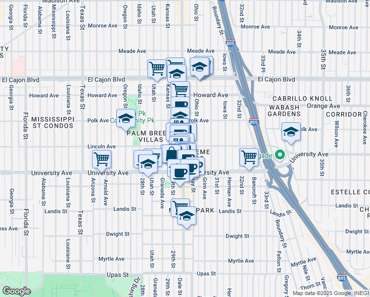 map of restaurants, bars, coffee shops, grocery stores, and more near 2922 University Avenue in San Diego