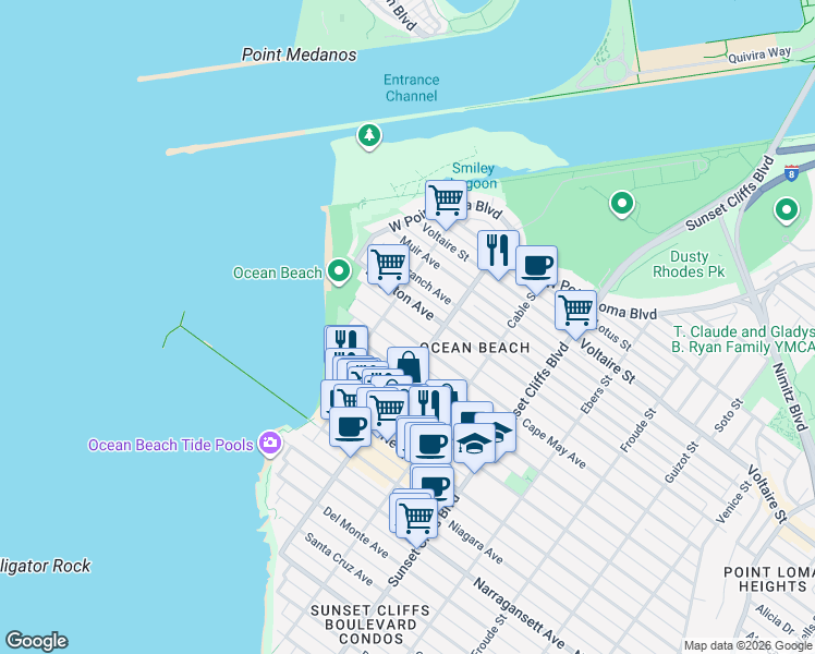 map of restaurants, bars, coffee shops, grocery stores, and more near 5004 Cape May Avenue in San Diego
