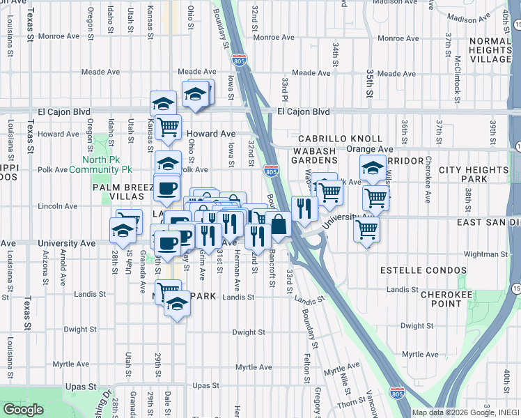 map of restaurants, bars, coffee shops, grocery stores, and more near 3954 Bancroft Street in San Diego