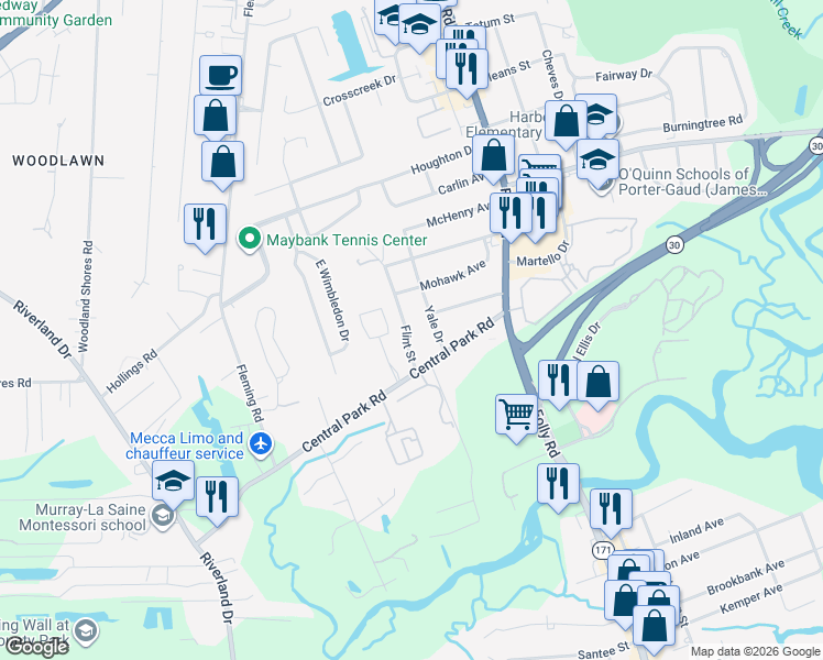 map of restaurants, bars, coffee shops, grocery stores, and more near 622 Flint Street in Charleston