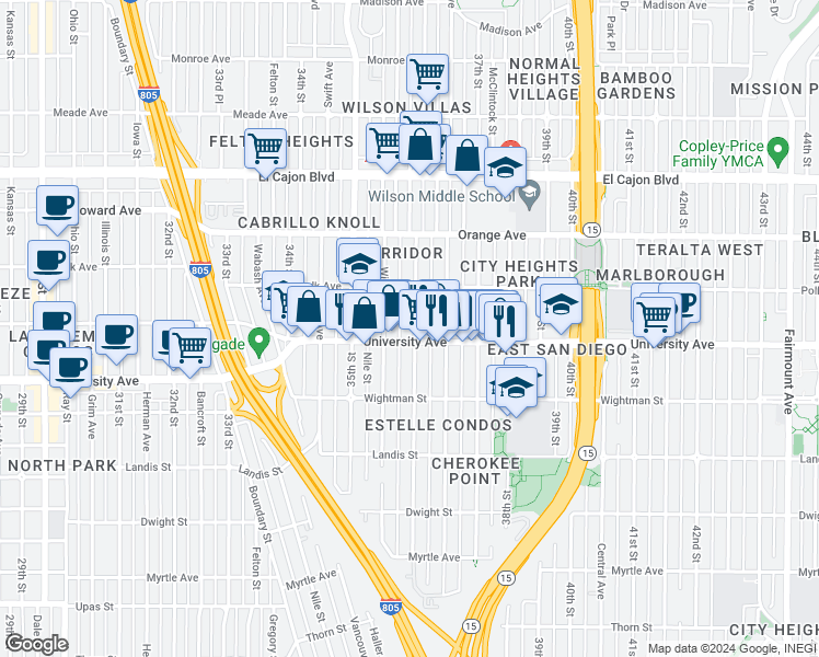 map of restaurants, bars, coffee shops, grocery stores, and more near 4022 36th Street in San Diego