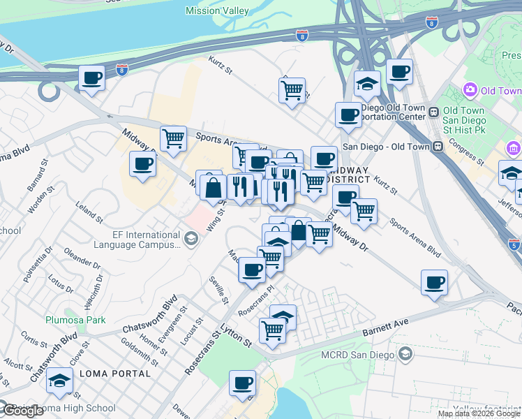 map of restaurants, bars, coffee shops, grocery stores, and more near 3175 Cauby Street in San Diego