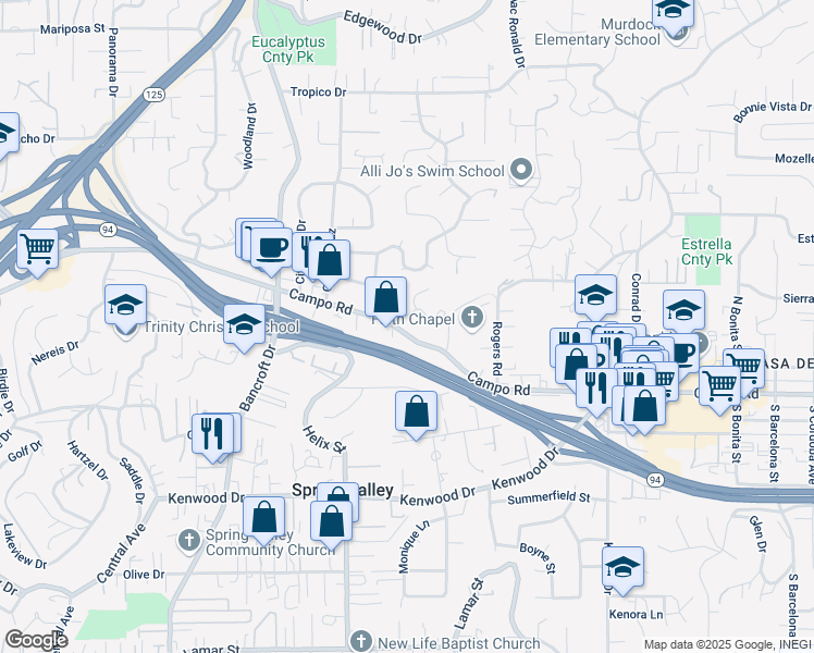 map of restaurants, bars, coffee shops, grocery stores, and more near 9318 Campo Road in Spring Valley