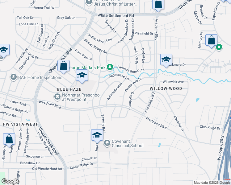 map of restaurants, bars, coffee shops, grocery stores, and more near 750 Tumbleweed Court in Fort Worth