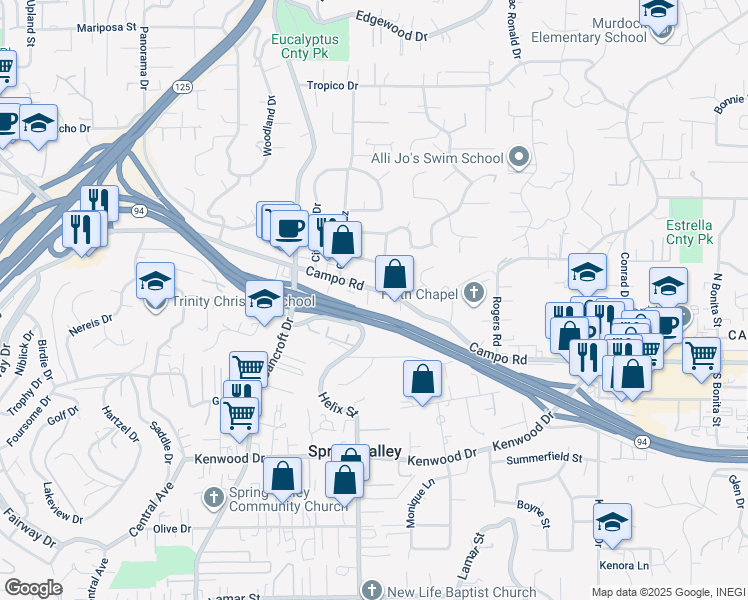 map of restaurants, bars, coffee shops, grocery stores, and more near 3865 Helix Street in Spring Valley