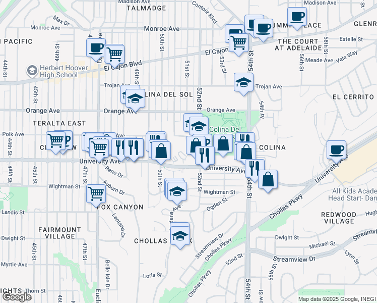 map of restaurants, bars, coffee shops, grocery stores, and more near 5202 University Avenue in San Diego