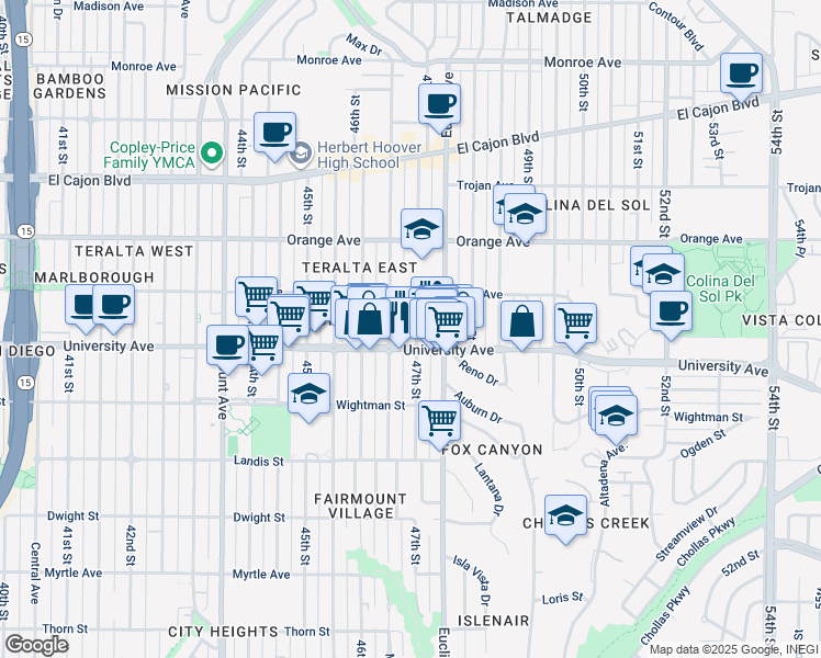 map of restaurants, bars, coffee shops, grocery stores, and more near 4711 University Avenue in San Diego