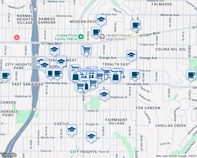 map of restaurants, bars, coffee shops, grocery stores, and more near 4435 University Avenue in San Diego