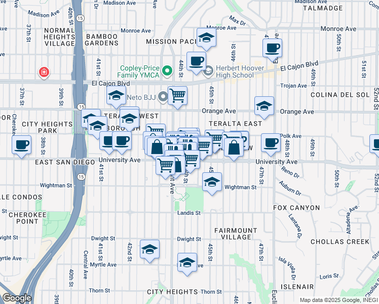 map of restaurants, bars, coffee shops, grocery stores, and more near 4435 University Avenue in San Diego