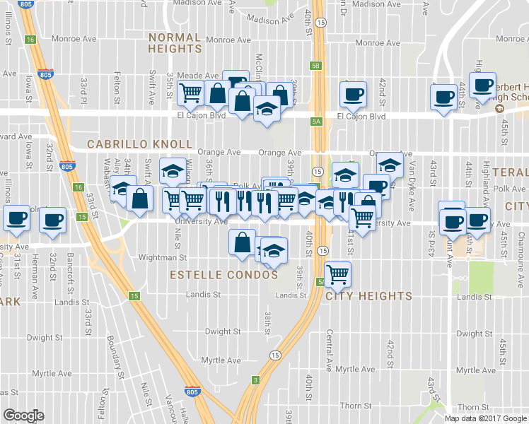 map of restaurants, bars, coffee shops, grocery stores, and more near 3725 University Avenue in San Diego
