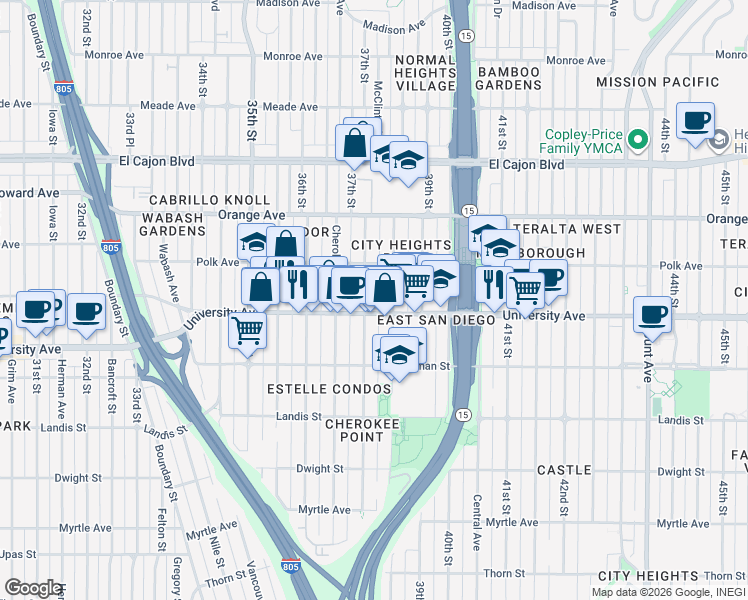 map of restaurants, bars, coffee shops, grocery stores, and more near 3725 University Avenue in San Diego