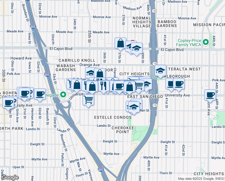 map of restaurants, bars, coffee shops, grocery stores, and more near 3661 University Avenue in San Diego