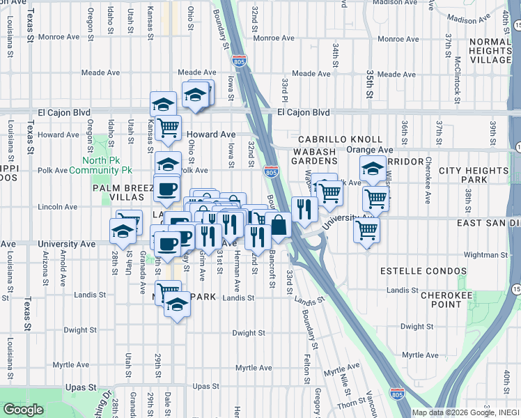 map of restaurants, bars, coffee shops, grocery stores, and more near 3954 Bancroft Street in San Diego