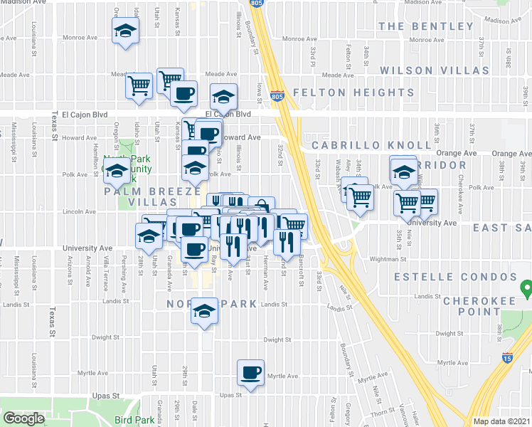 map of restaurants, bars, coffee shops, grocery stores, and more near 3939 Iowa Street in San Diego