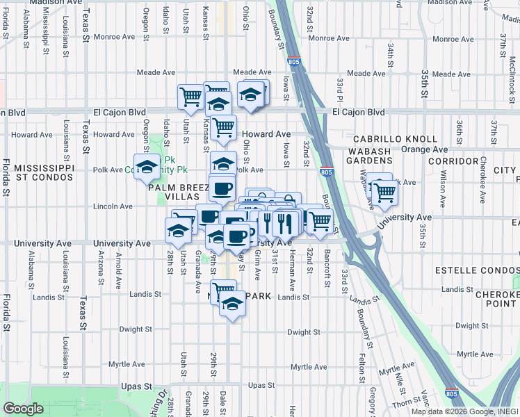 map of restaurants, bars, coffee shops, grocery stores, and more near 3955 Illinois Street in San Diego
