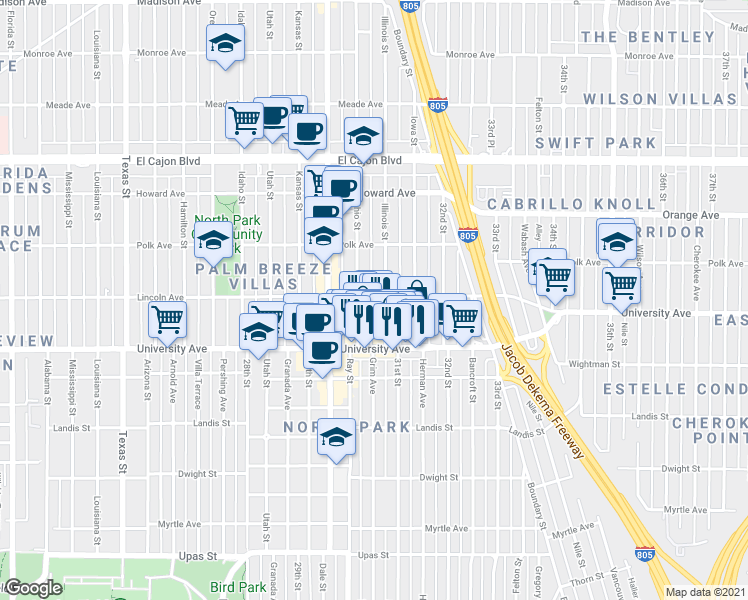 map of restaurants, bars, coffee shops, grocery stores, and more near 3955 Illinois Street in San Diego