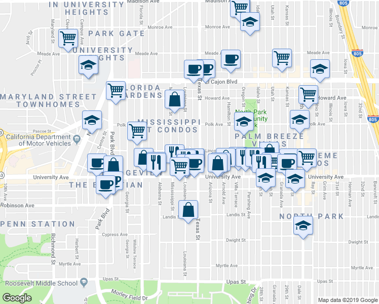 map of restaurants, bars, coffee shops, grocery stores, and more near 3953 Louisiana Street in San Diego