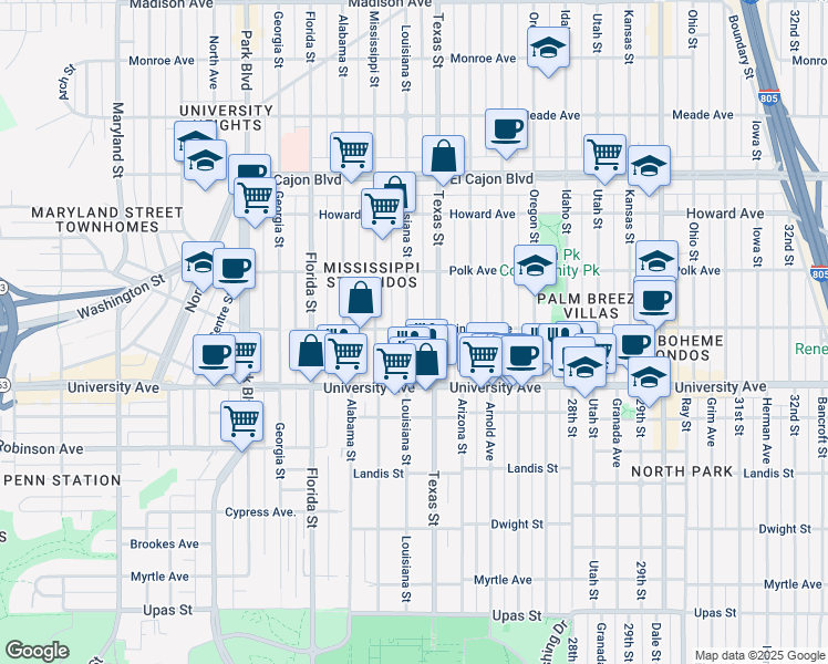 map of restaurants, bars, coffee shops, grocery stores, and more near 3953 Louisiana Street in San Diego